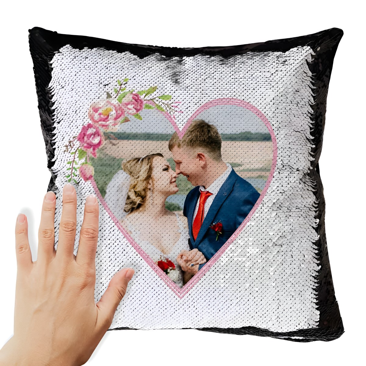 Personalised Love Heart Magic Sequin Cushion Photo Upload - Click Image to Close