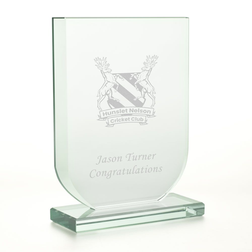 Logo Engraved Shield Heavyweight Glass Trophy Award 15cm - Click Image to Close