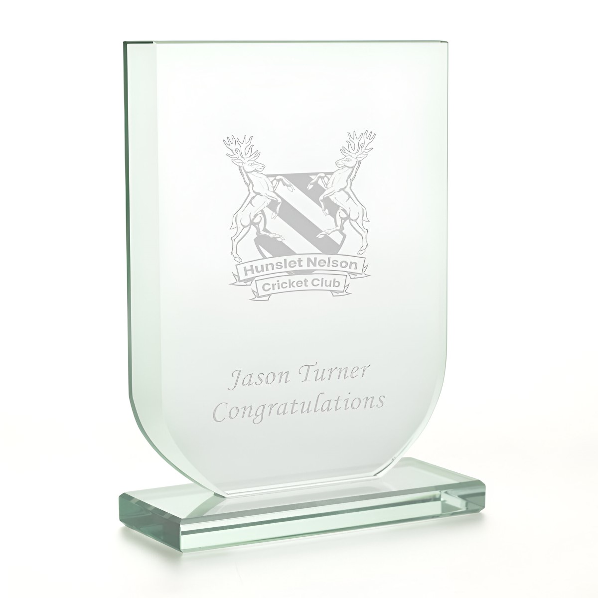 Logo Engraved Shield Heavyweight Glass Trophy Award 15cm - Click Image to Close