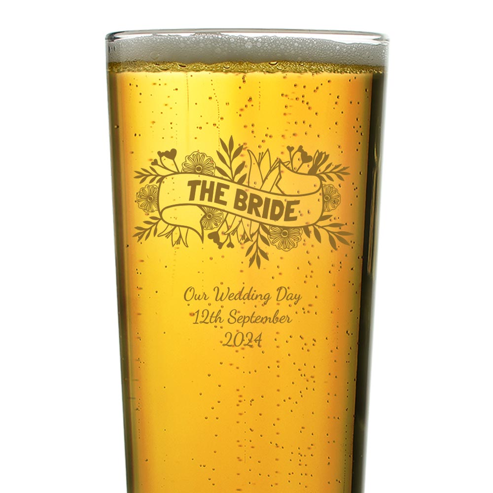Personalised Floral Wedding Pint Glass Choose Option - Click Image to Close