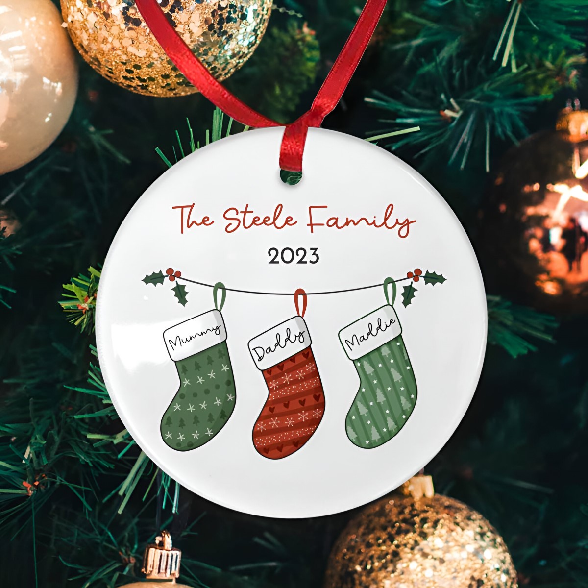 Personalised Christmas Stocking Round Bauble For Families - Click Image to Close