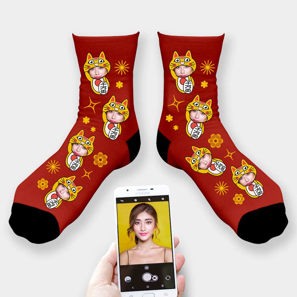 Personalised Photo Socks Chinese New Year Lucky Cat - Click Image to Close