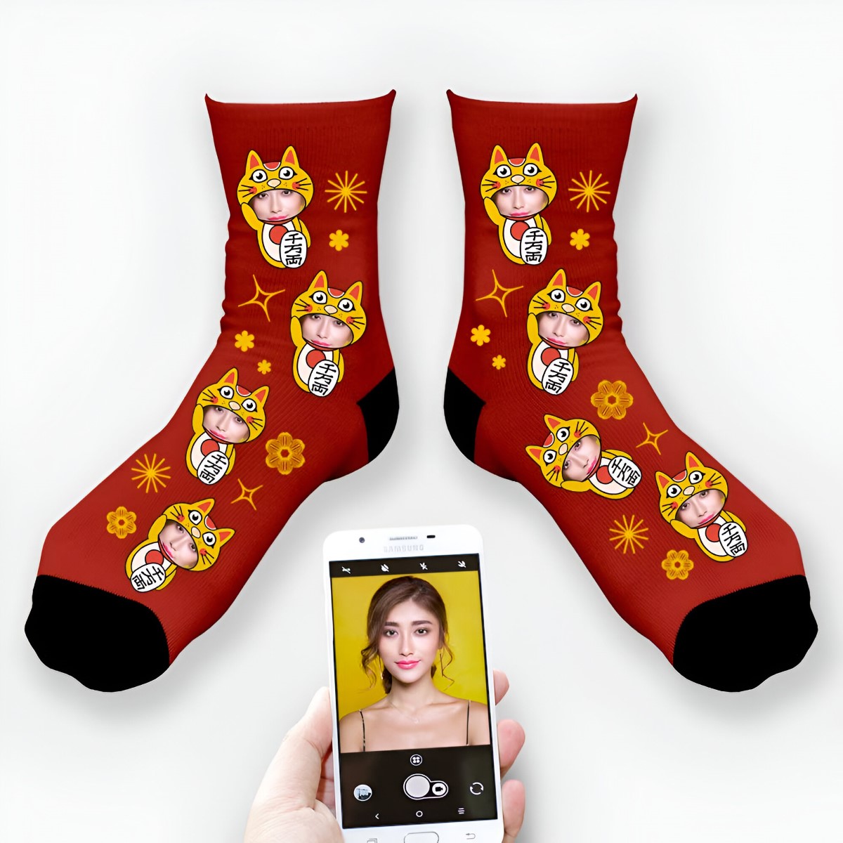 Personalised Photo Socks Chinese New Year Lucky Cat - Click Image to Close