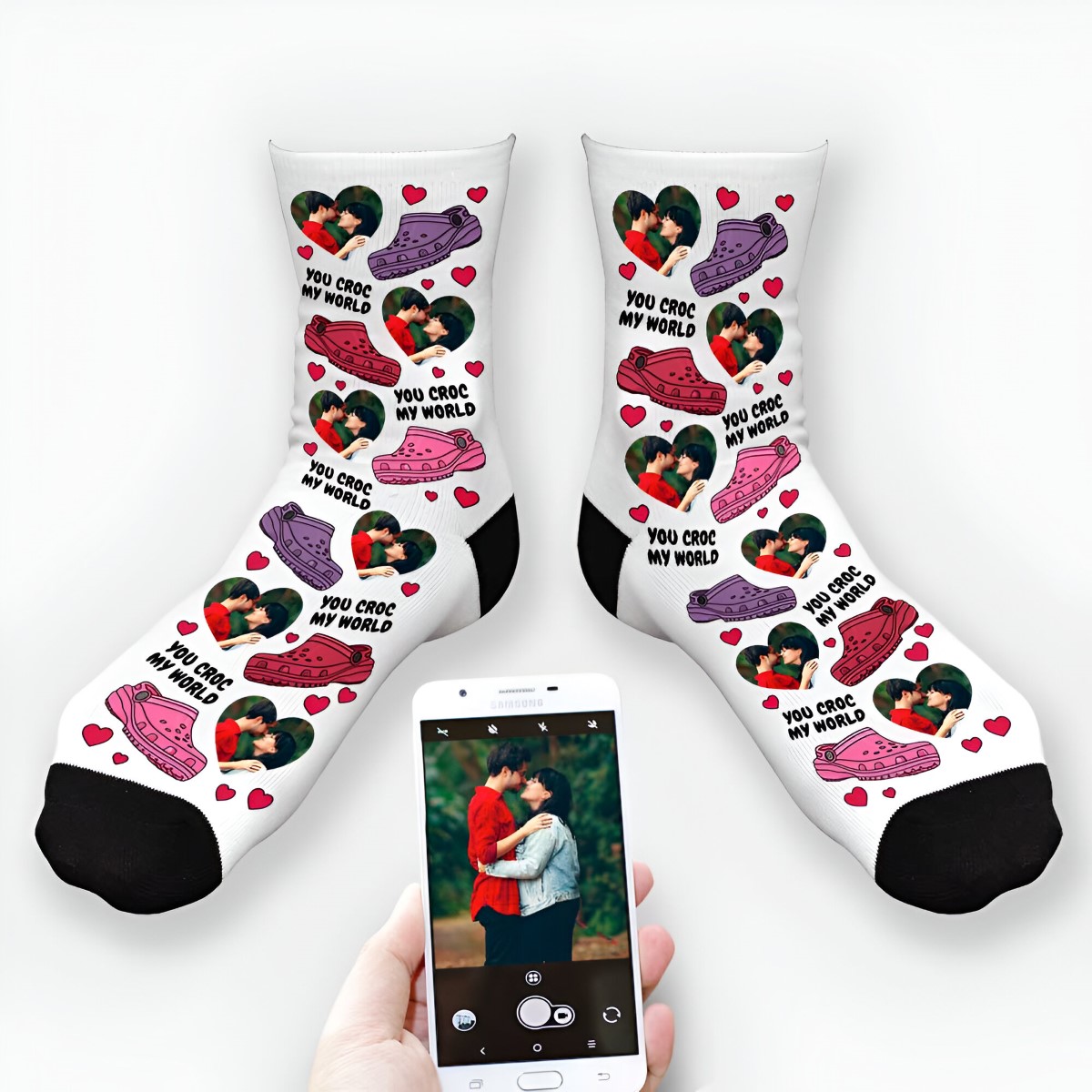 Personalised Photo Croc my World Socks - Click Image to Close