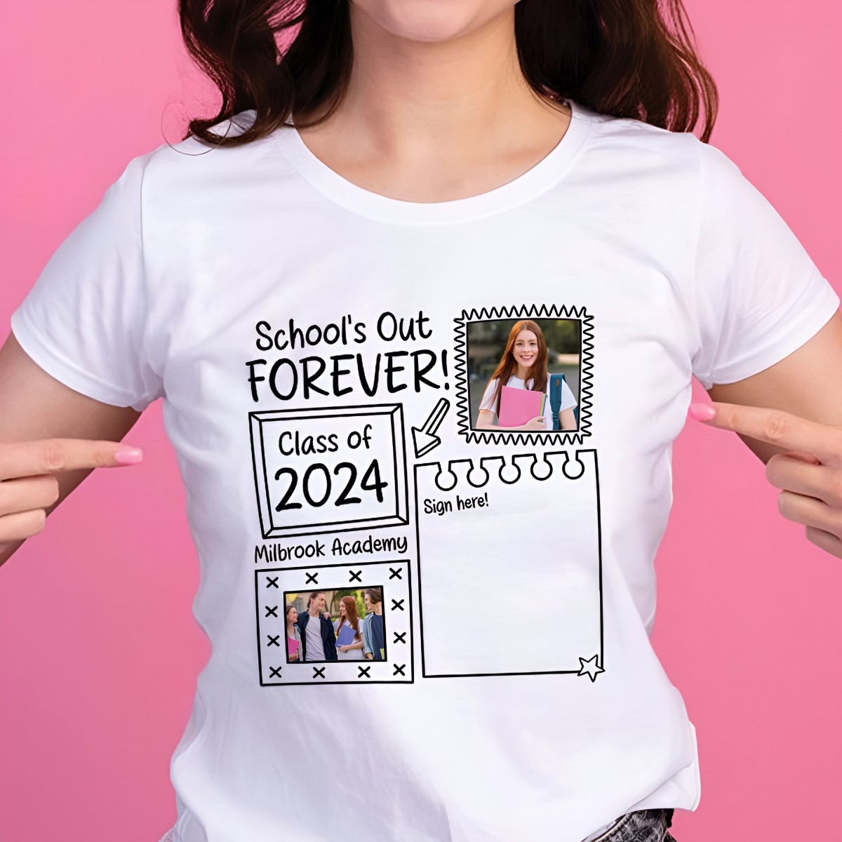 Personalised School's Out Sign Here T-Shirt - Click Image to Close