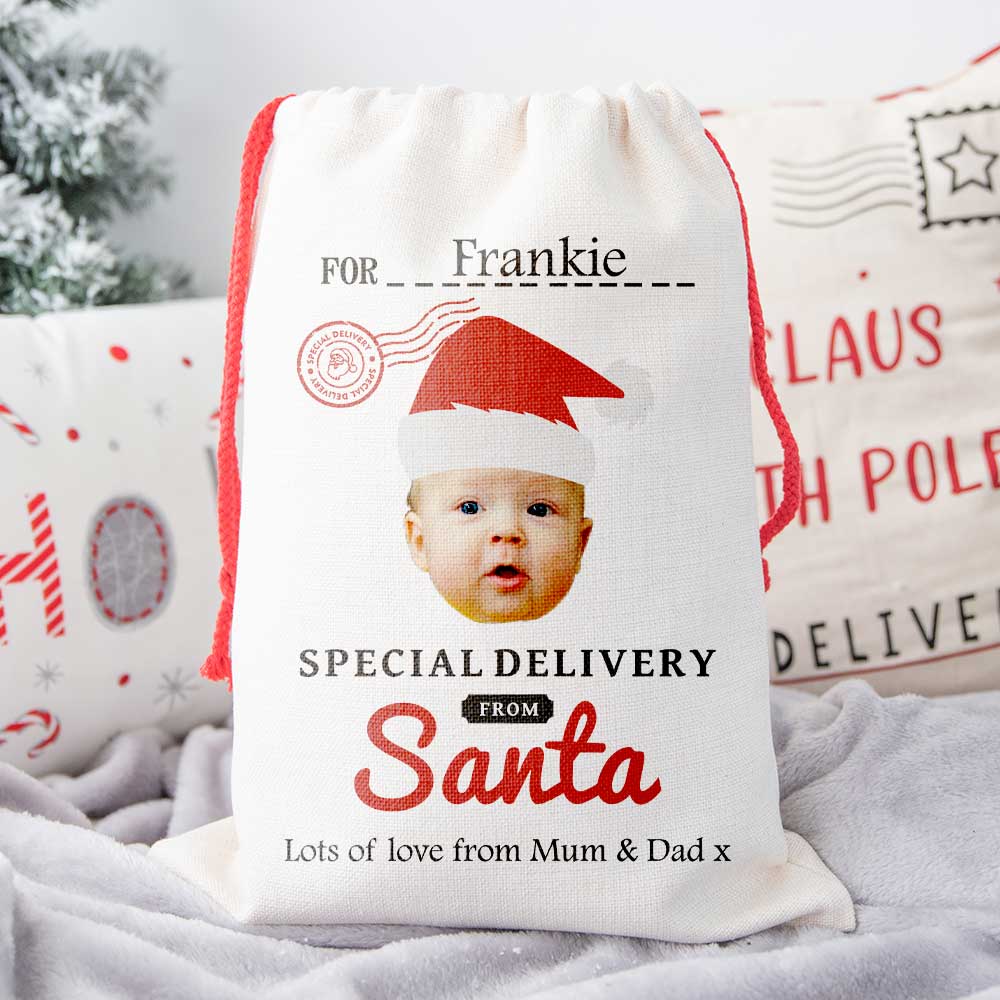 Personalised Face Upload Santa Sack With Name And Message - Click Image to Close