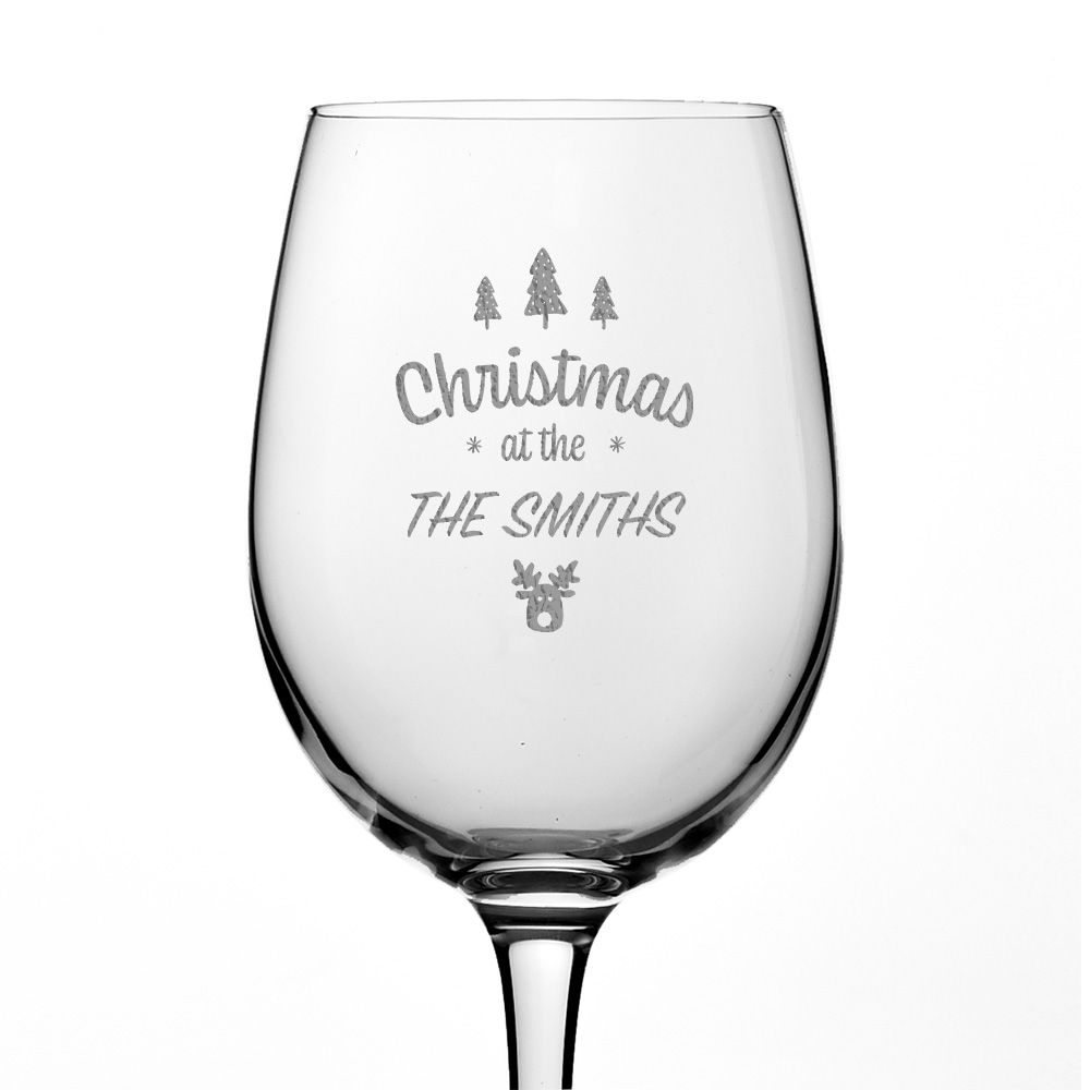 Personalised Christmas At The Surnames Wine Glass - Click Image to Close
