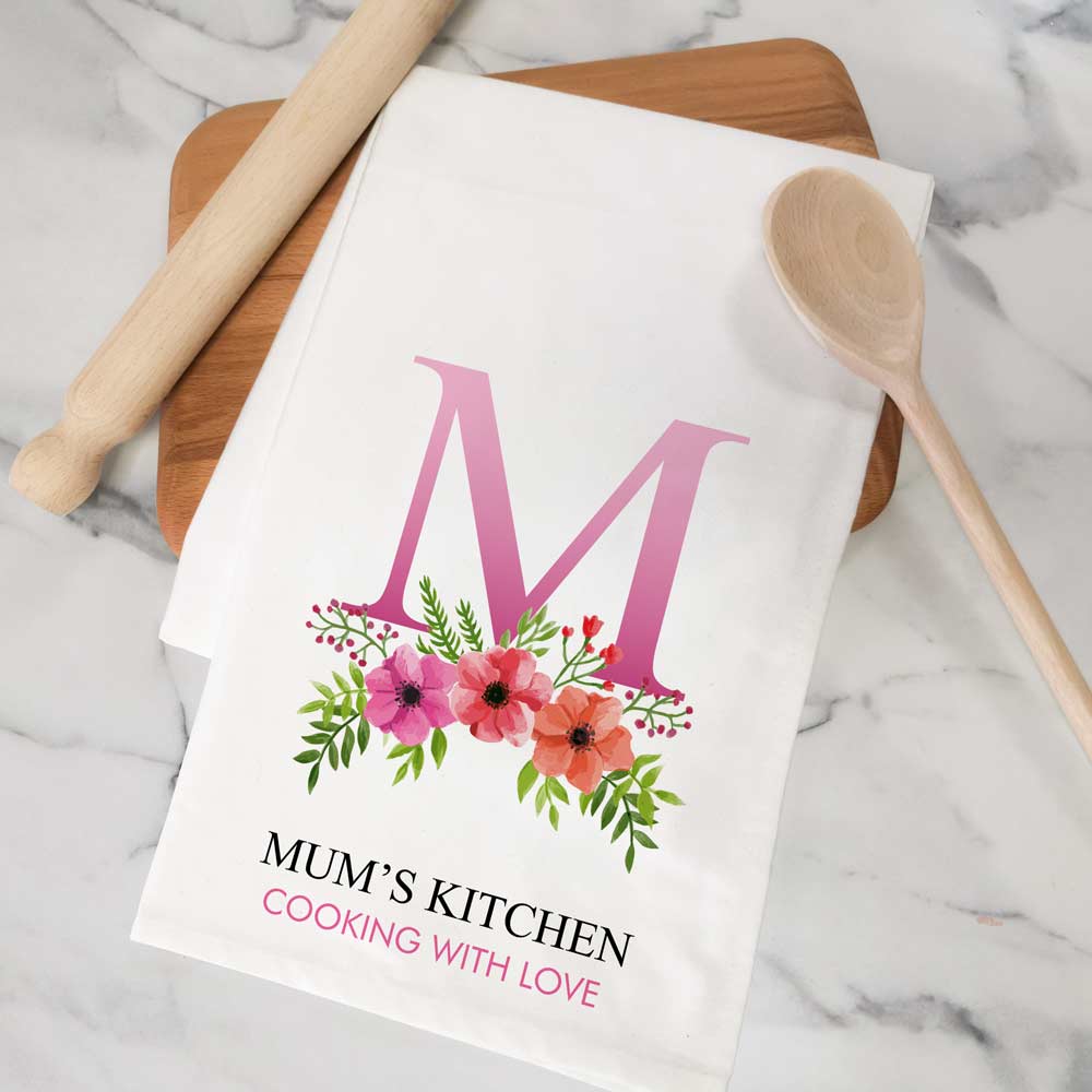 Personalised Tea Towel - Initial And Name Floral Design - Click Image to Close
