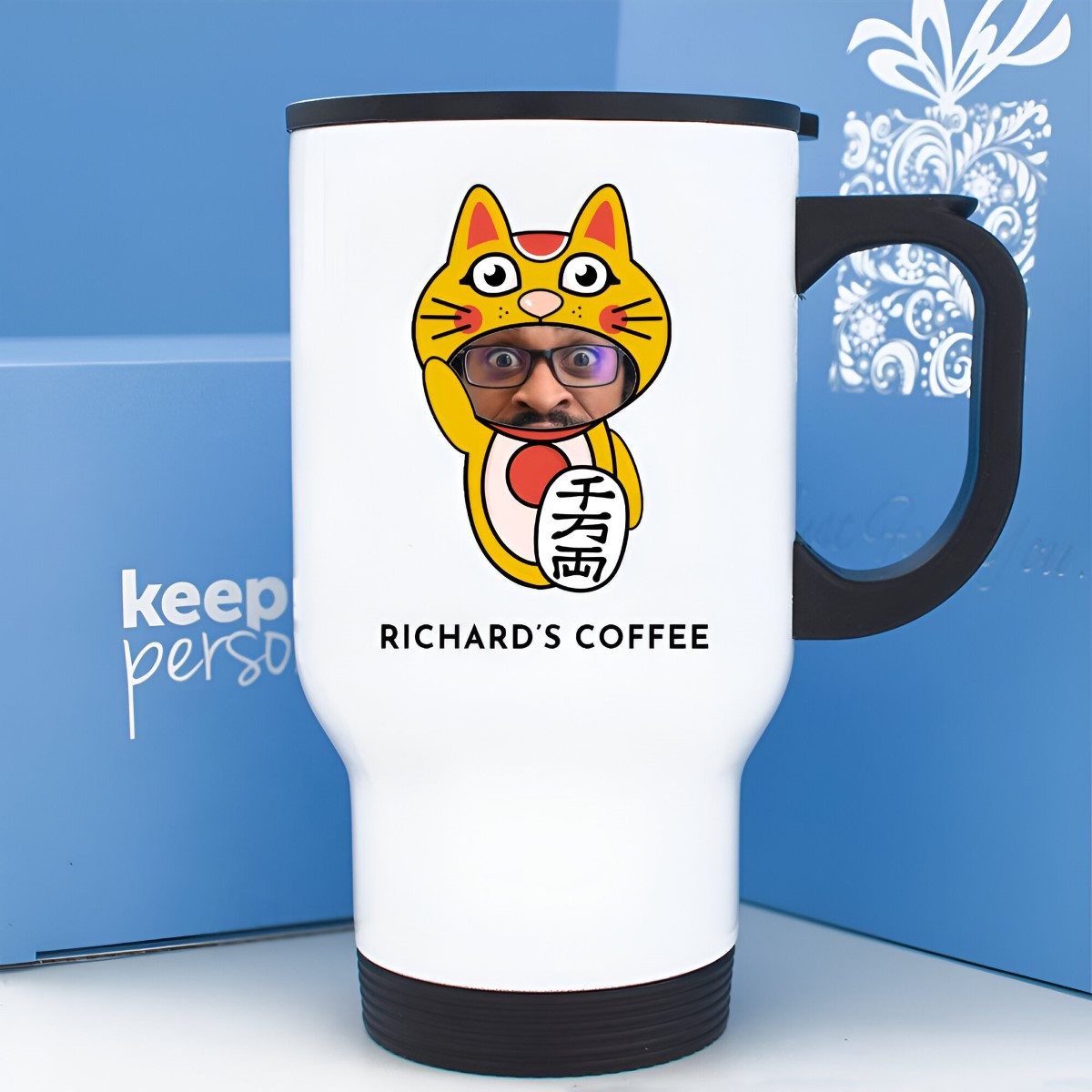 Personalised Chinese Lucky Cat Photo Upload 14oz Travel Mug - Click Image to Close