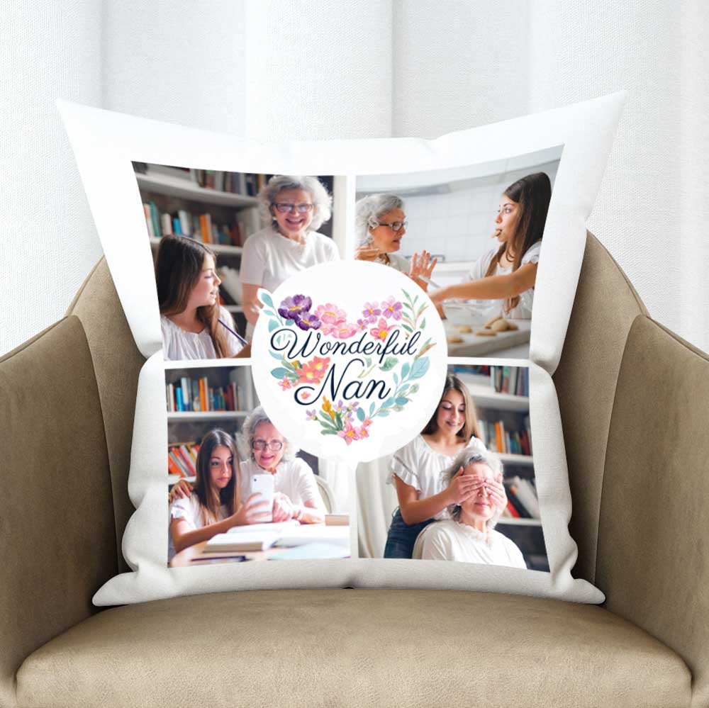 Personalised Photo Upload Watercolour Flower Cushion for Nan - Click Image to Close