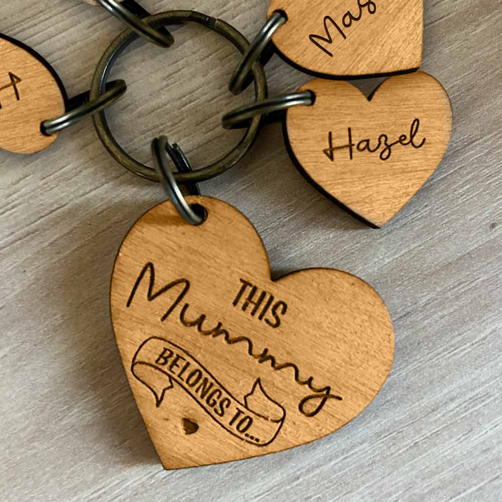 Personalised Wooden This Mummy Belongs To Heart Keyring - Click Image to Close