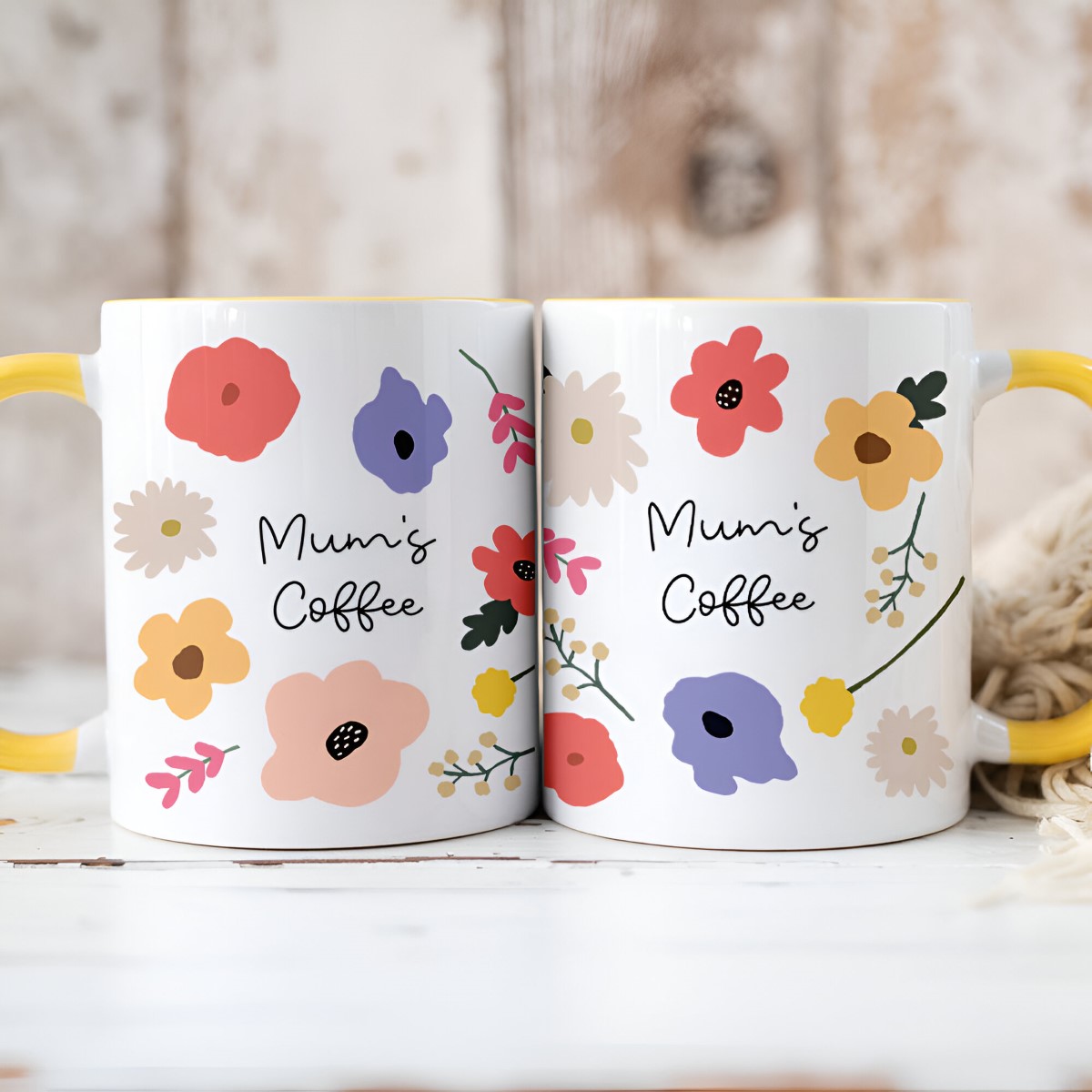 Personalised Rainbow Flowers Yellow Mug - Click Image to Close