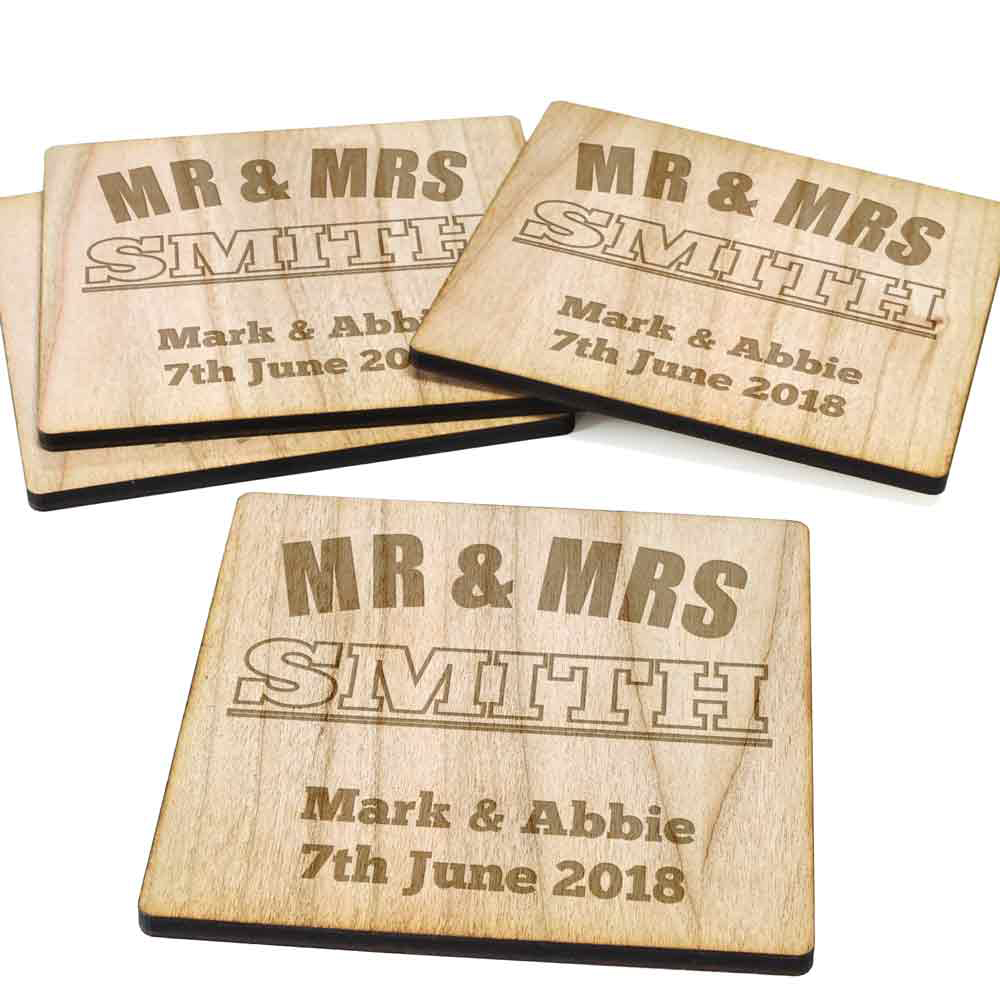 Personalised 'Mr & Mrs' Wooden Coasters - Click Image to Close