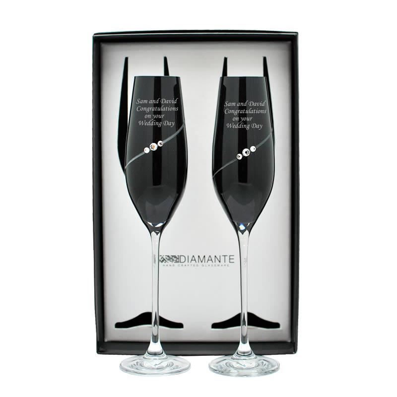 Engraved Black Champagne Flutes With Swarovski Elements - Click Image to Close