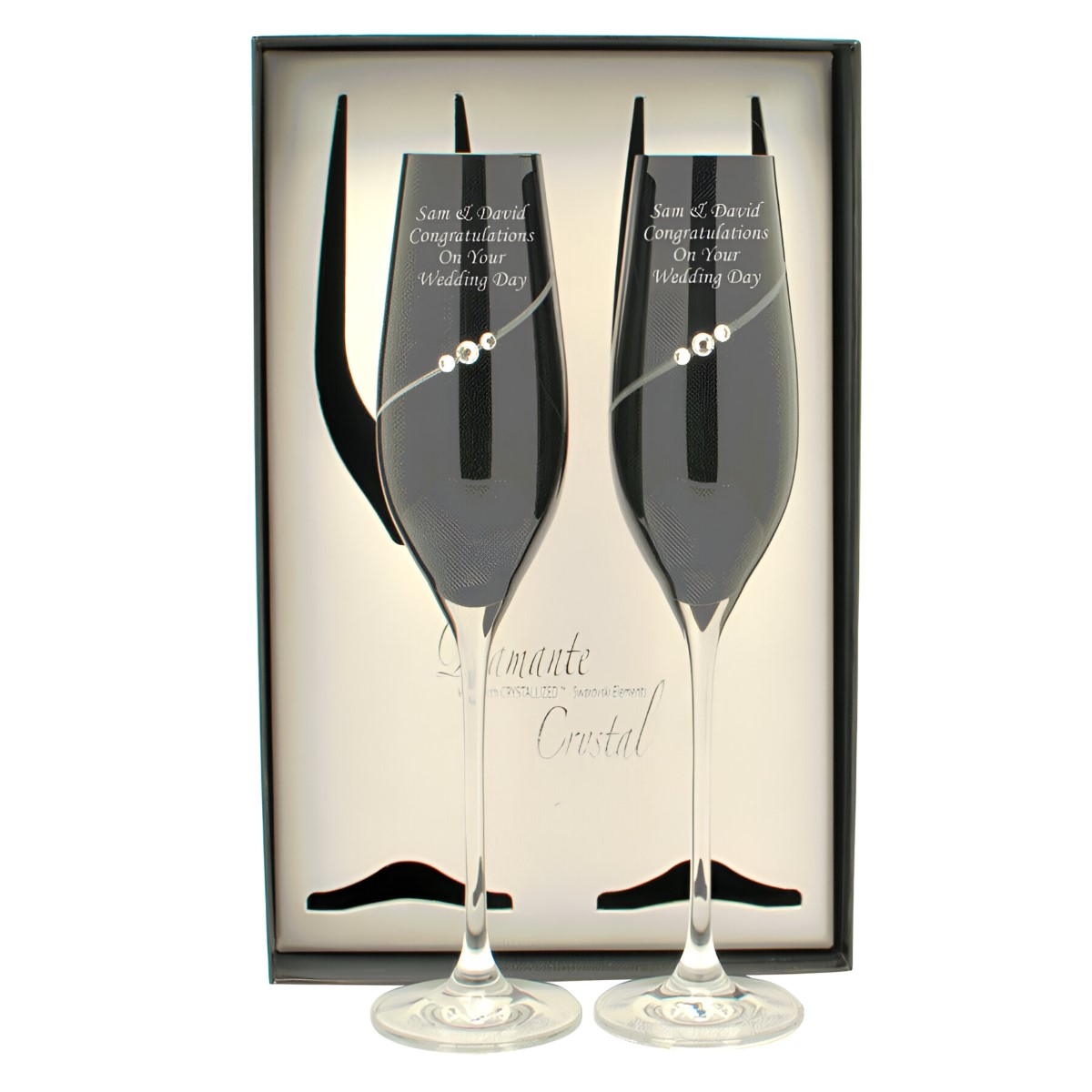 Engraved Black Champagne Flutes With Swarovski Elements - Click Image to Close