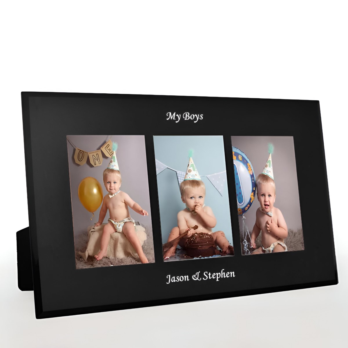 Personalised Triple Aperture Black Glass Photo Frame 6x4