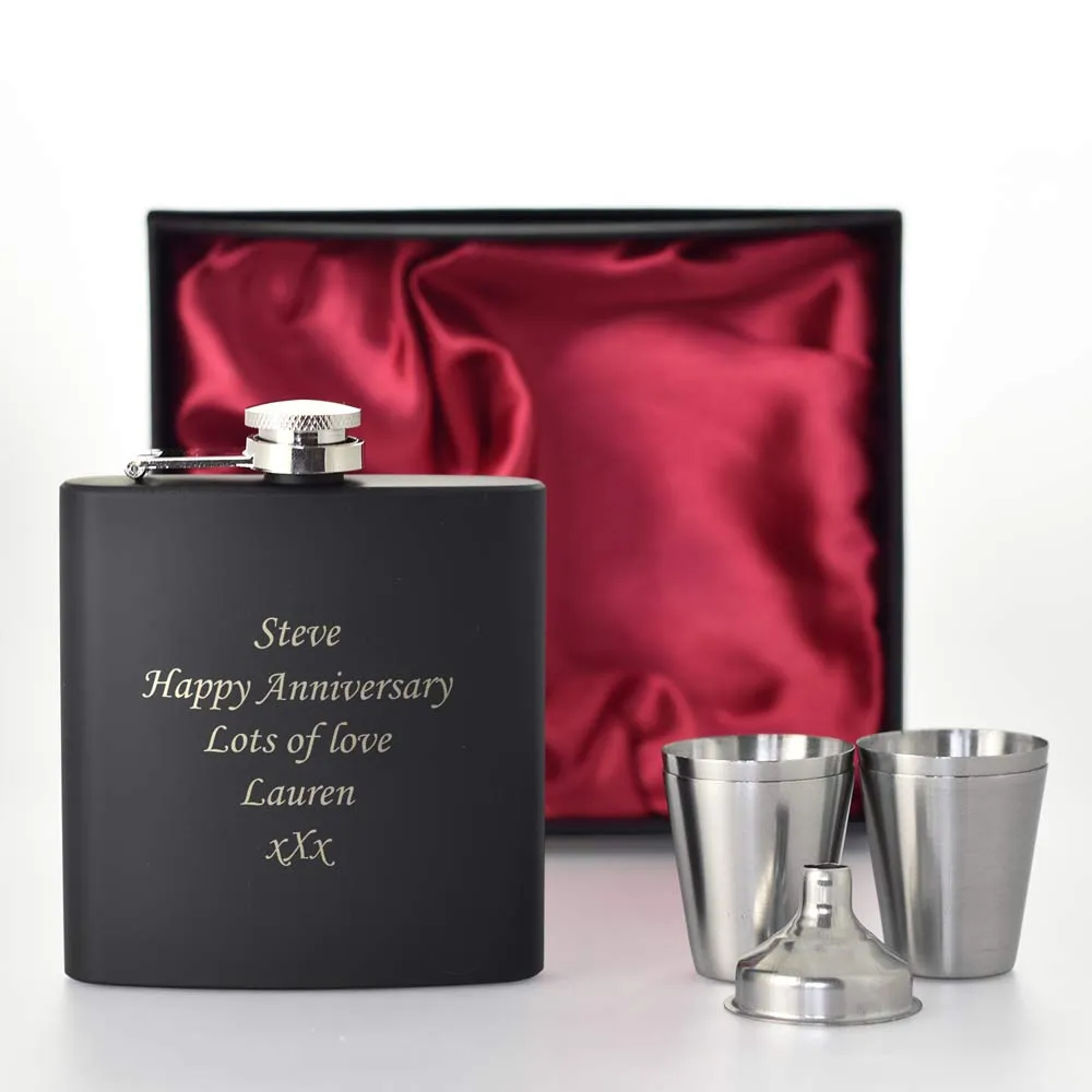 Black Personalised Hip Flask Set - Click Image to Close