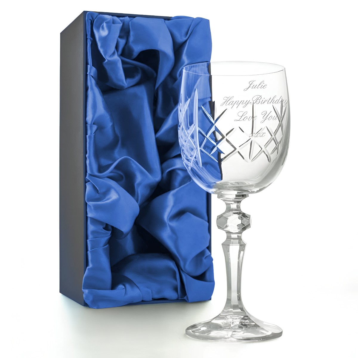 Engraved Crystal Wine Glass Presented In A Satin Box
