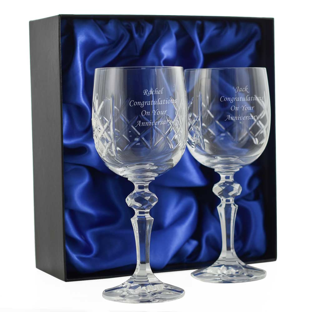 Personalised Engraved Pair Of Crystal Cut Wine Glasses With Presentation Box 