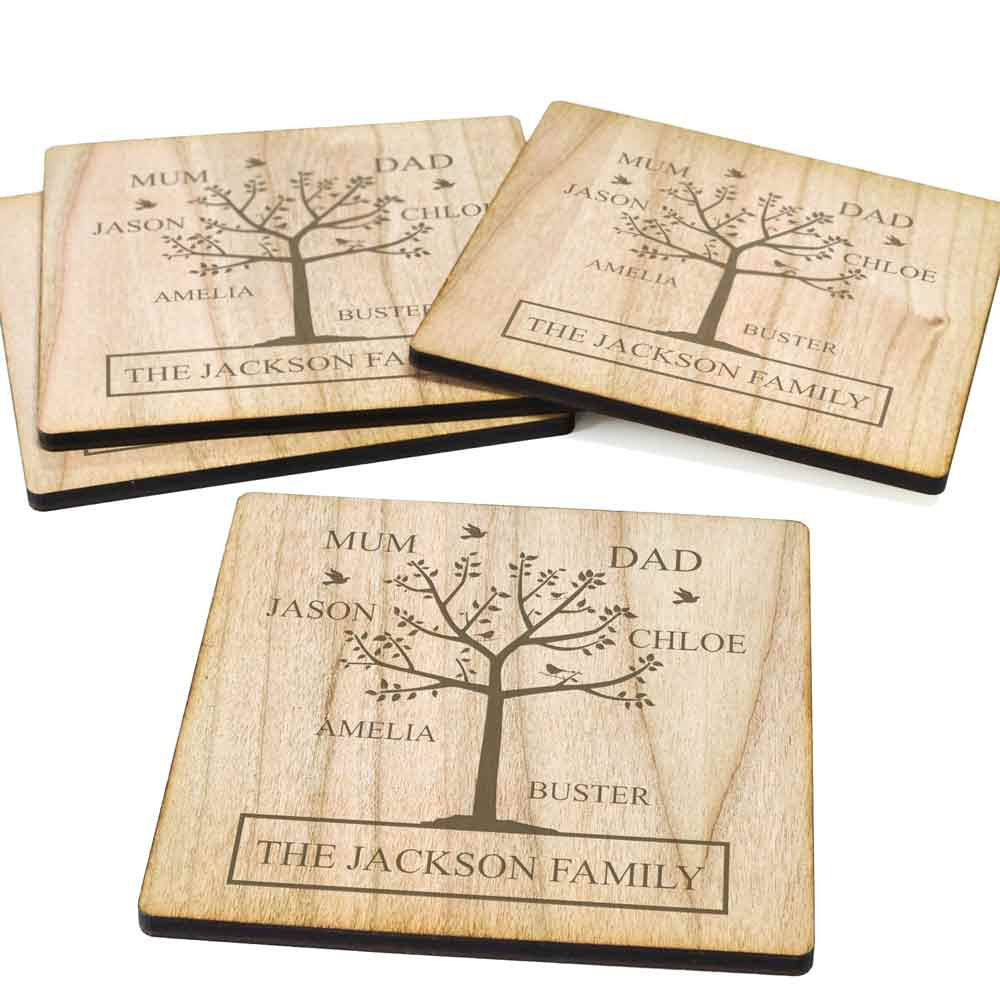 Personalised Family Tree Wooden Coaster Set - Click Image to Close