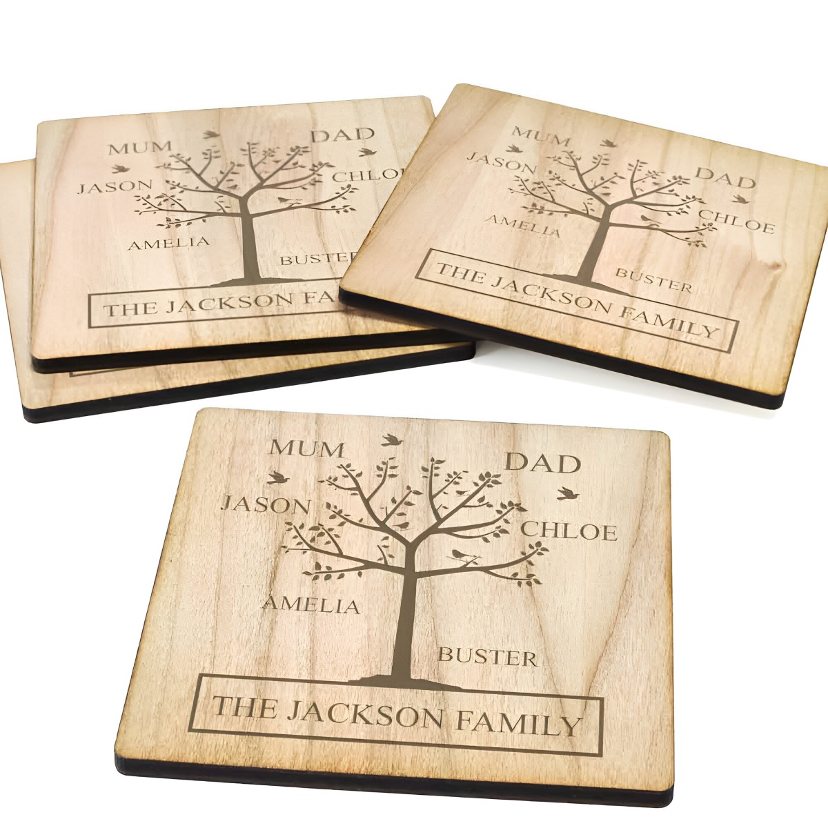 Personalised Family Tree Wooden Coaster Set - Click Image to Close