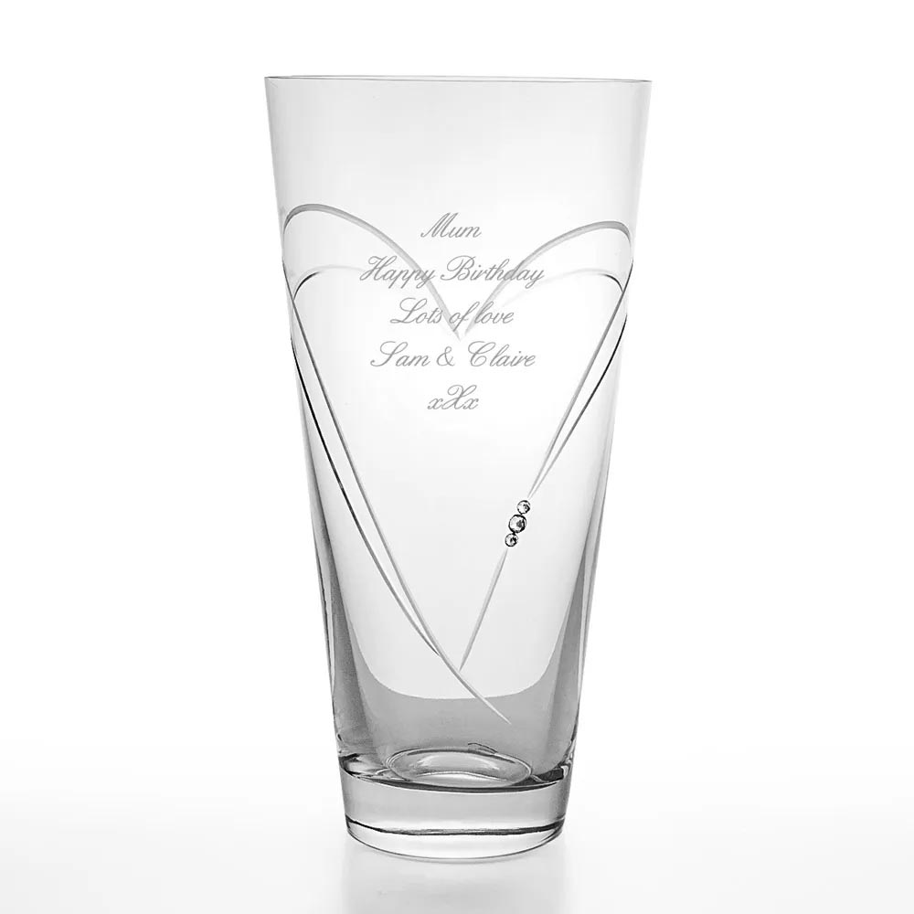 Engraved Heart Vase With Swarovski Elements - Conical - Click Image to Close