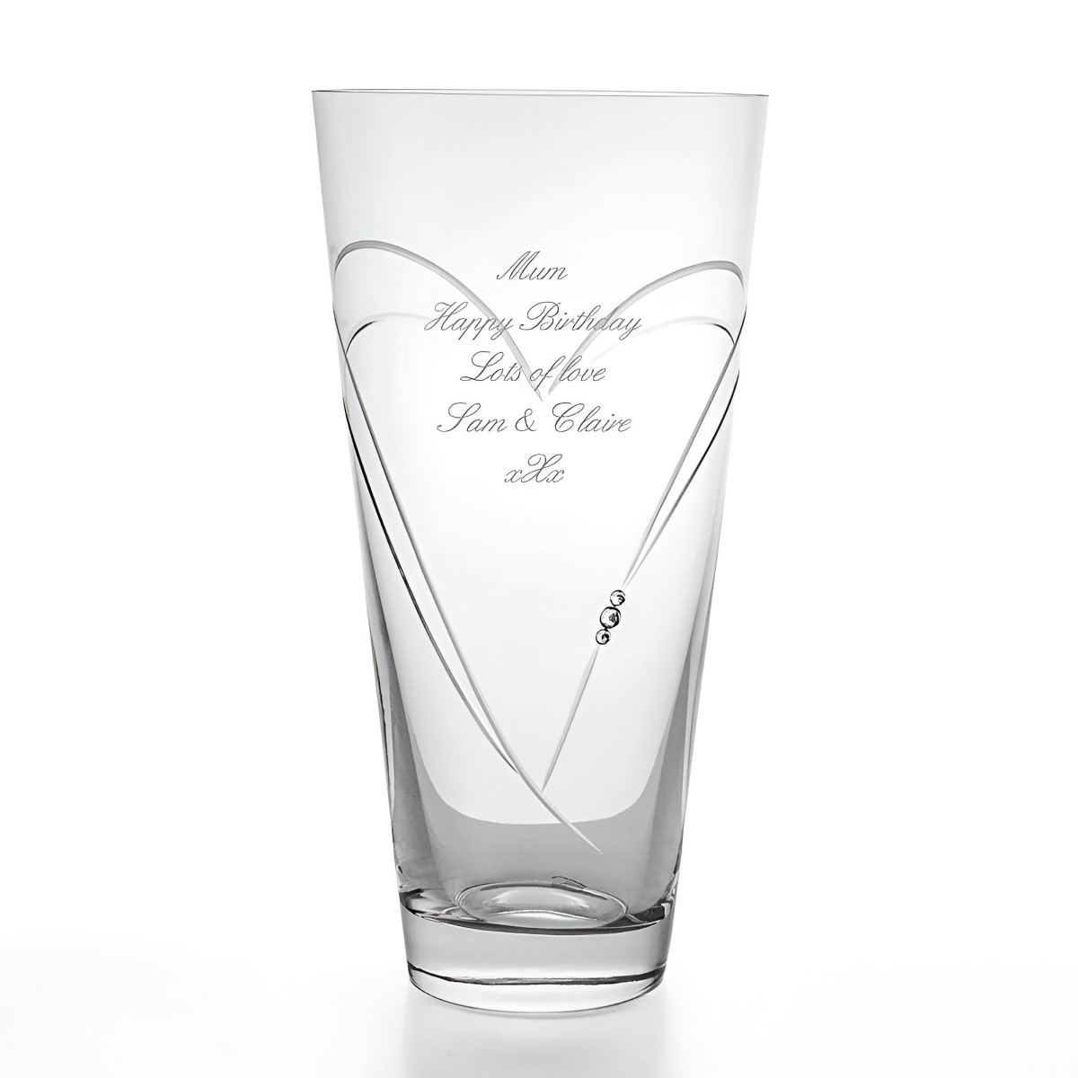 Engraved Heart Vase With Swarovski Elements - Conical - Click Image to Close