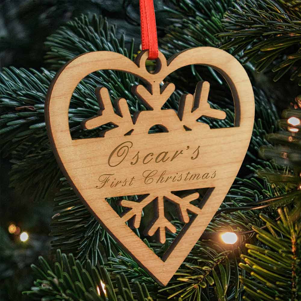 Personalised Heart Snowflake Wooden Bauble - Click Image to Close