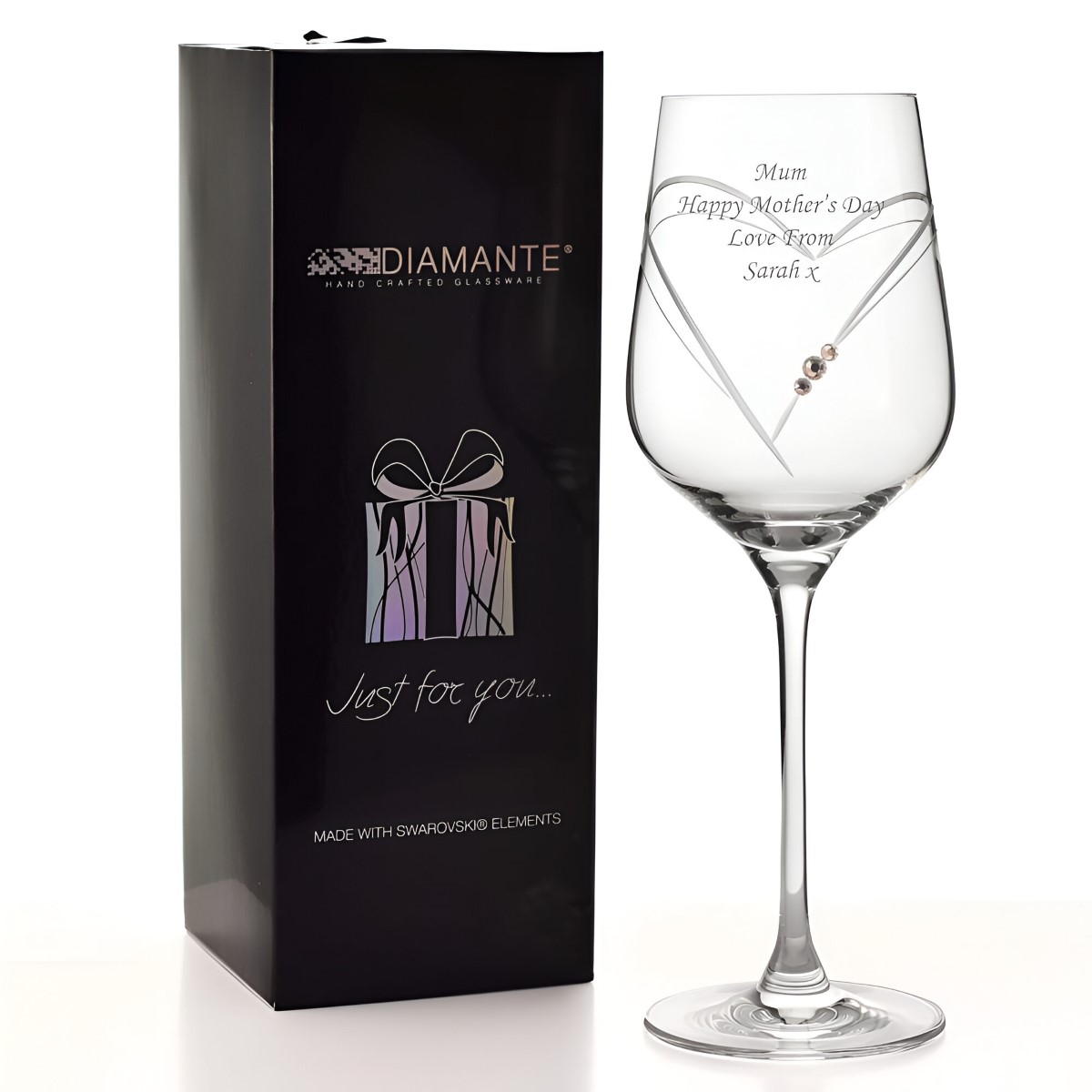 Engraved Heart Wine Glass With Swarovski Crystal Elements - Click Image to Close