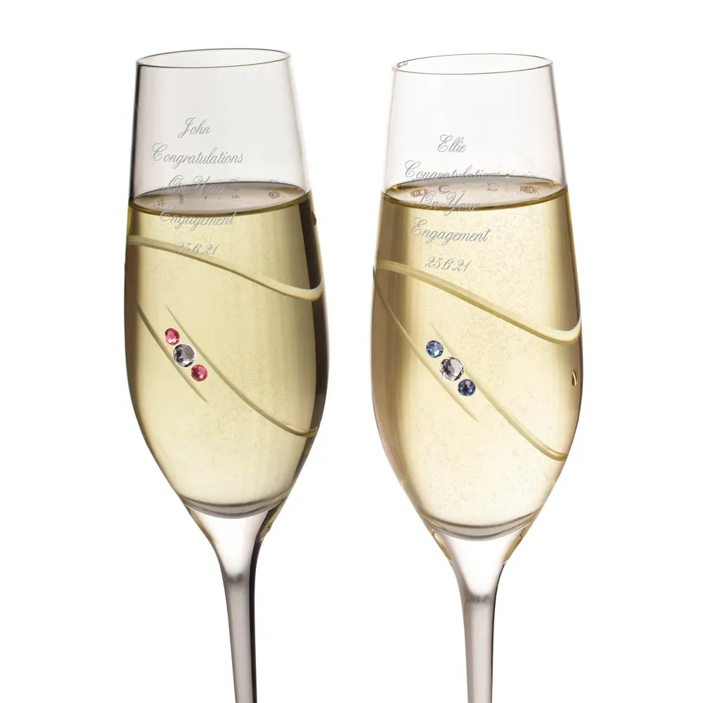 Personalised Champagne Flutes Pink And Blue Rings With Swarovski Elements - Click Image to Close
