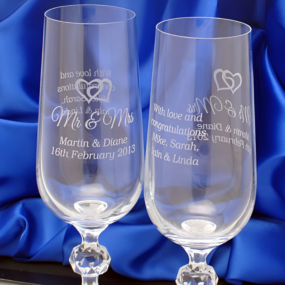 Engraved Crystal Champagne Flutes - Love Hearts