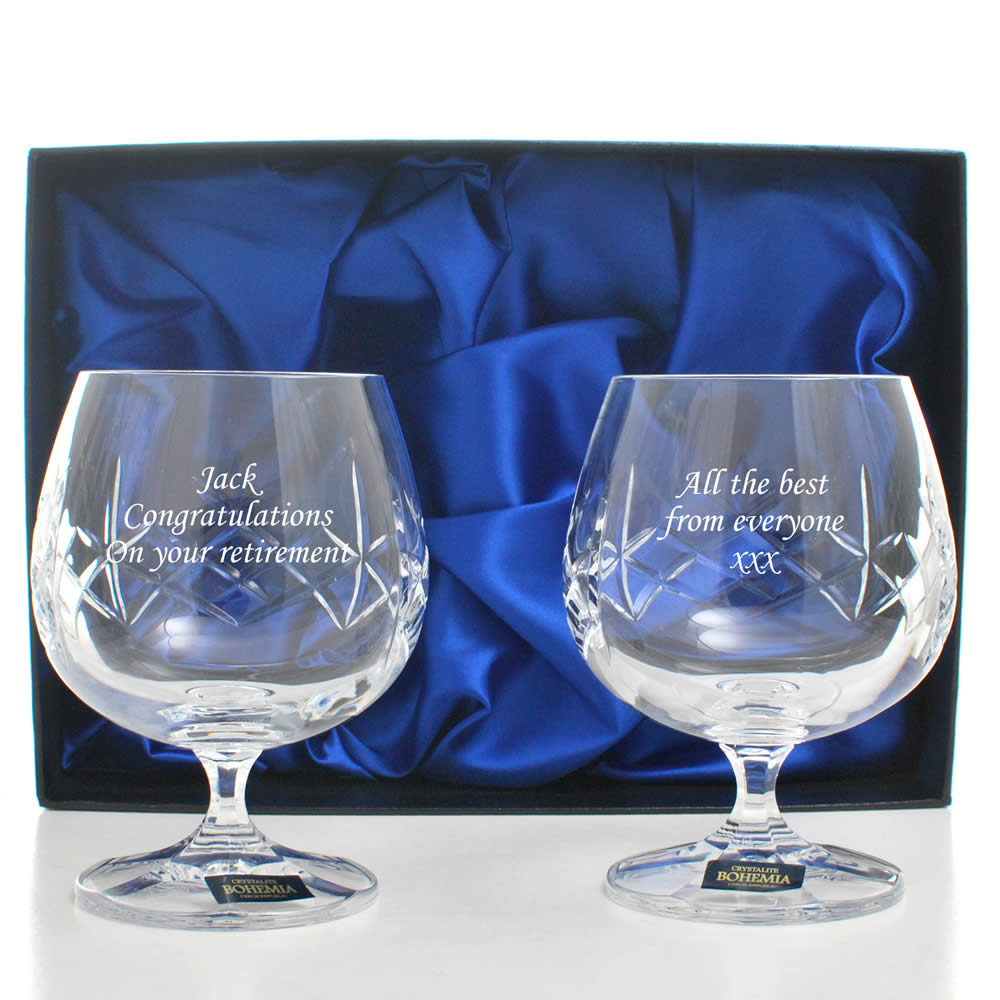 Includes Engraving up to 30 Characters Pair of Bohemia Crystal Brandy Glasses With Welsh Dragon Design with gift box 