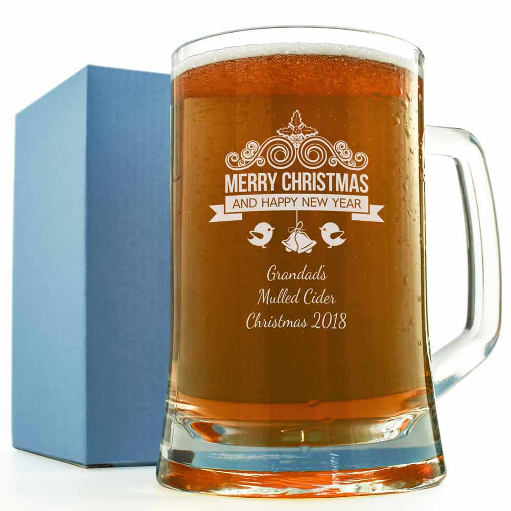 Merry Christmas Engraved Glass Tankard - Click Image to Close