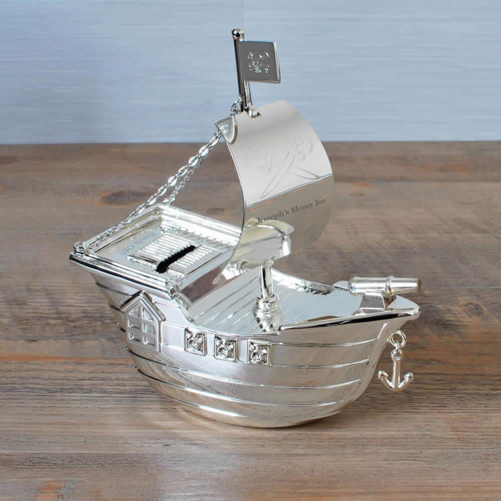 Silver Personalised Pirate Ship Money Box - Click Image to Close