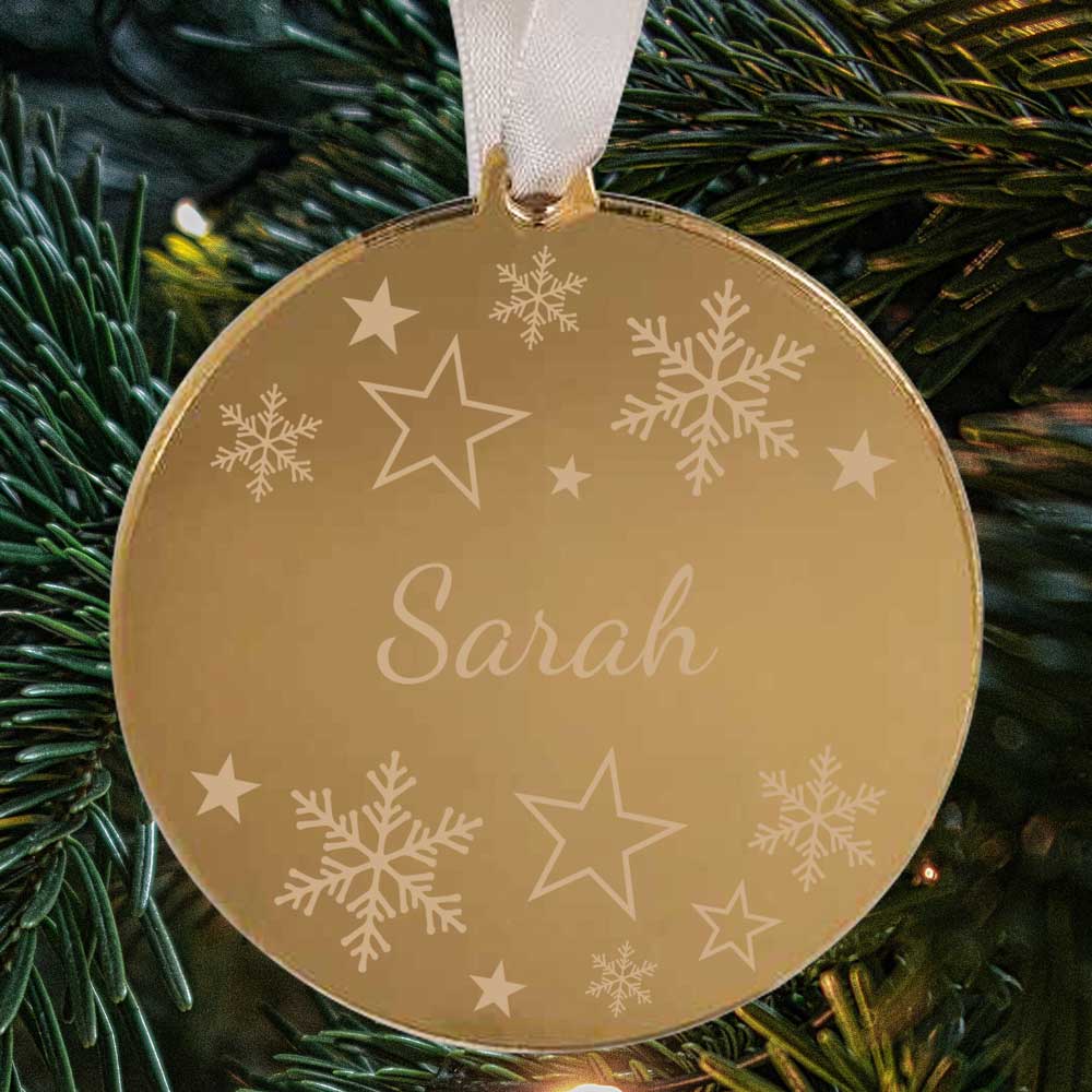 Personalised Snowflake Merry Christmas Gold Mirrored Bauble - Click Image to Close