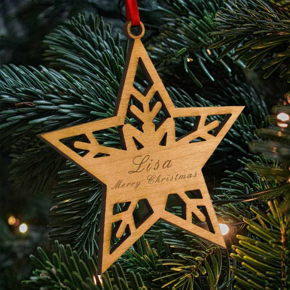 Personalised Star Snowflake Wooden Bauble - Click Image to Close