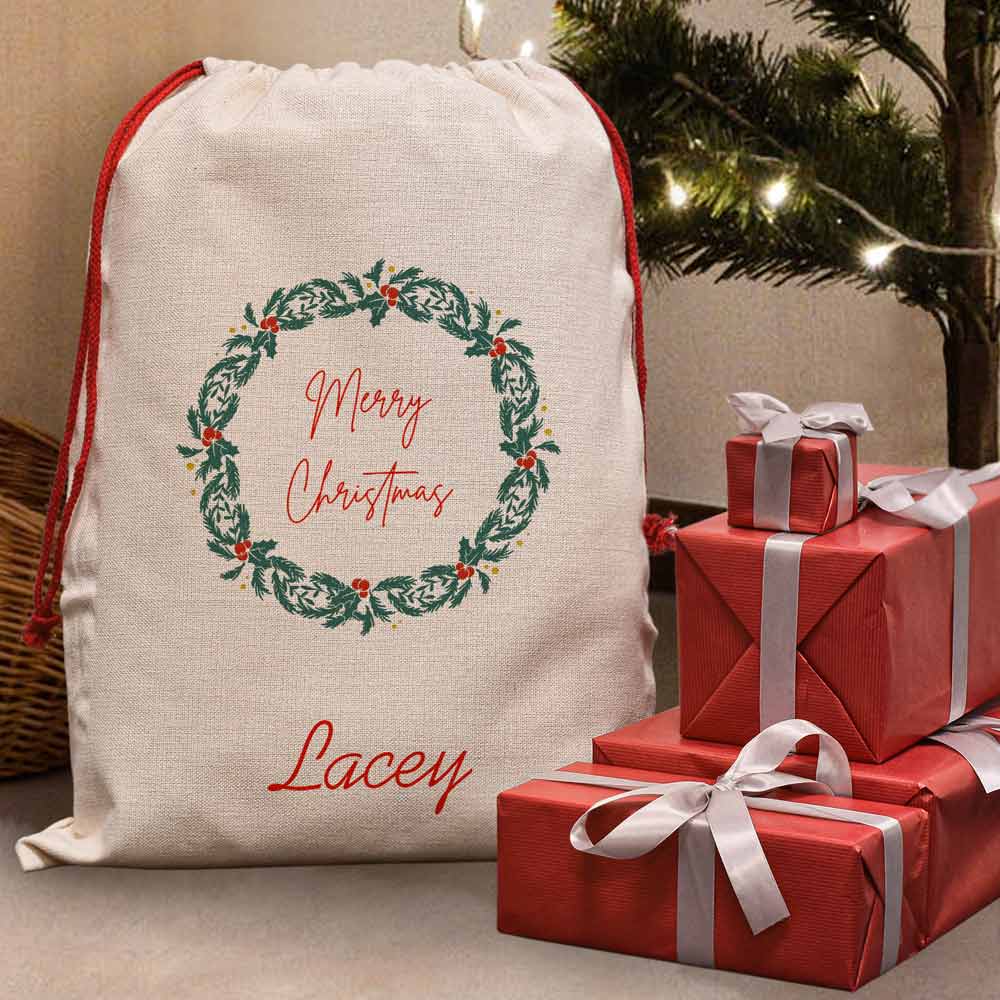 Personalised Santa Sack - Merry Christmas Wreath Any Name - Click Image to Close