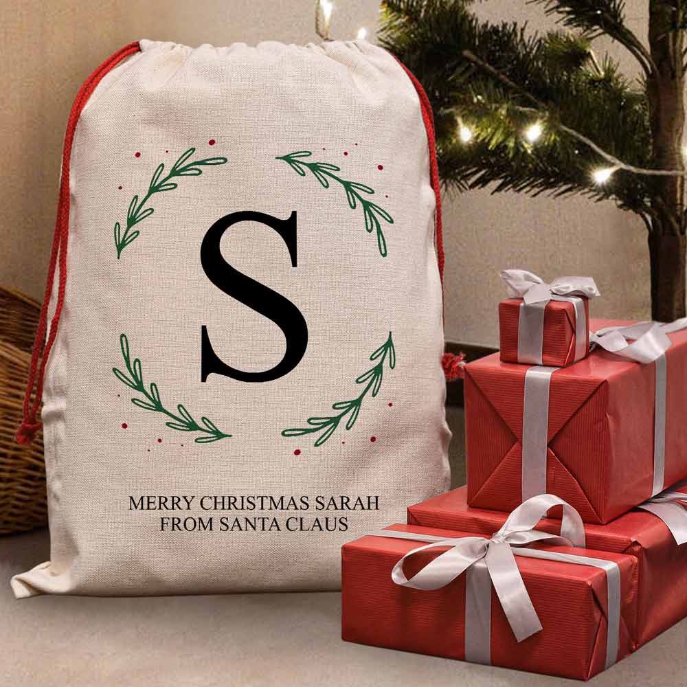 Personalised Christmas Santa Sack - Wreath Any Initial And Message - Click Image to Close