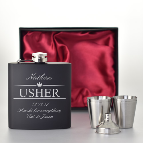 Personalised Black Hip Flask Set For Usher