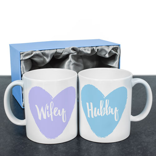Personalised Wifey And Hubby Love Heart Set Of Mugs