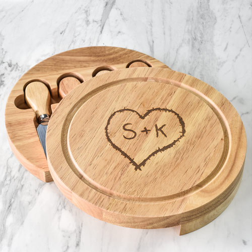 Personalised Wooden Cheeseboard Set - Carved Love Heart