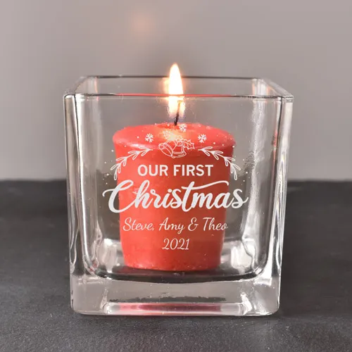 Personalised Our First Christmas Square Candle Holder