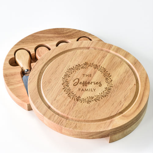 Personalised Round Cheeseboard Set - Wreath Family Name
