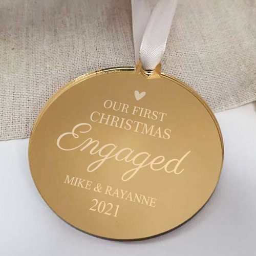 Personalised Our First Christmas Engaged Gold Mirrored Bauble