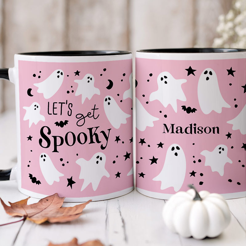 Personalised Pink Ghosts And Bats Halloween Mug