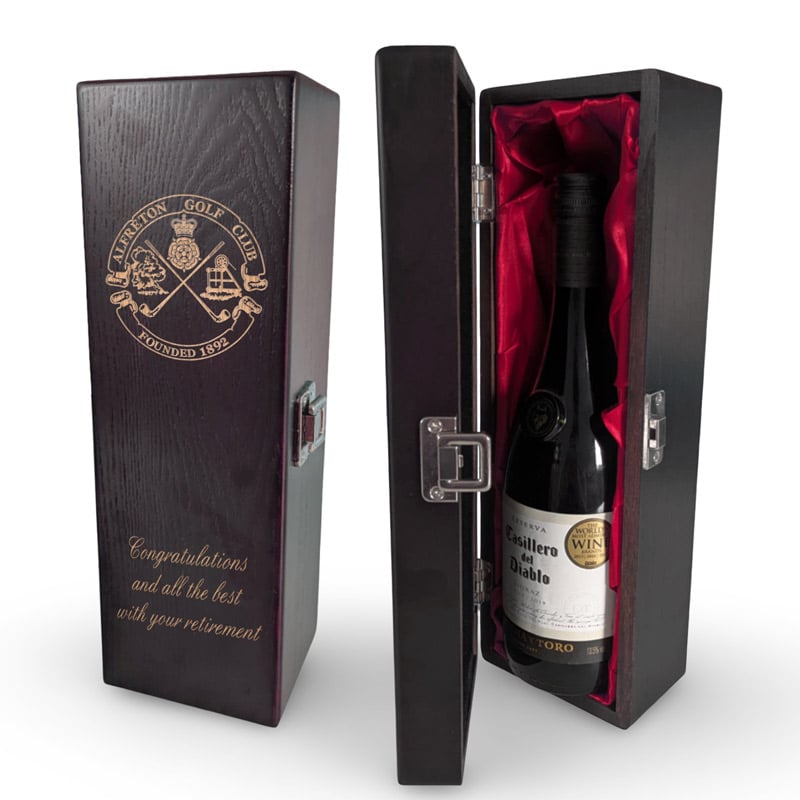 Logo Engraved Solid Elm Wood Wine Box With Red Insert