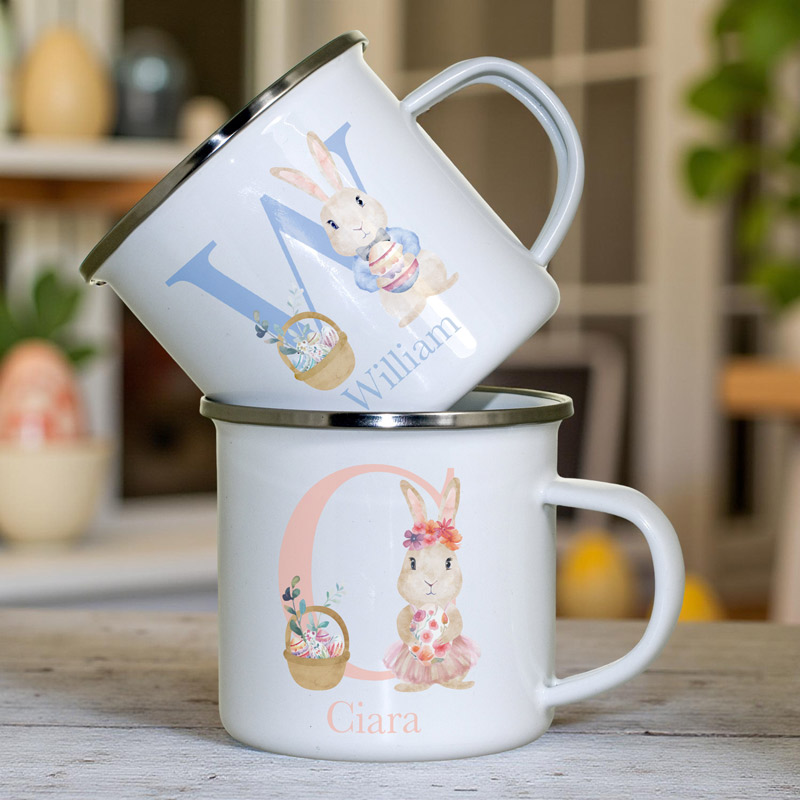 Personalised Easter Bunny Initial Enamel Mug For Kids