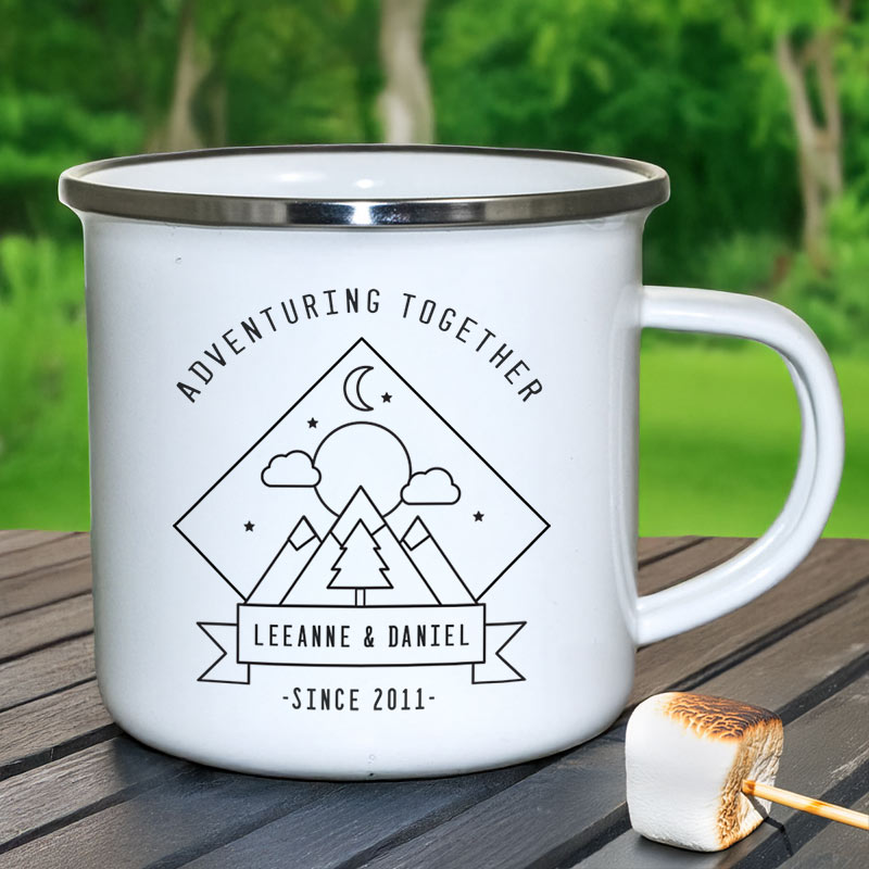 Personalised Adventuring Together Enamel Mug
