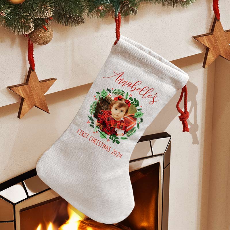 First Christmas Photo Wreath Stocking