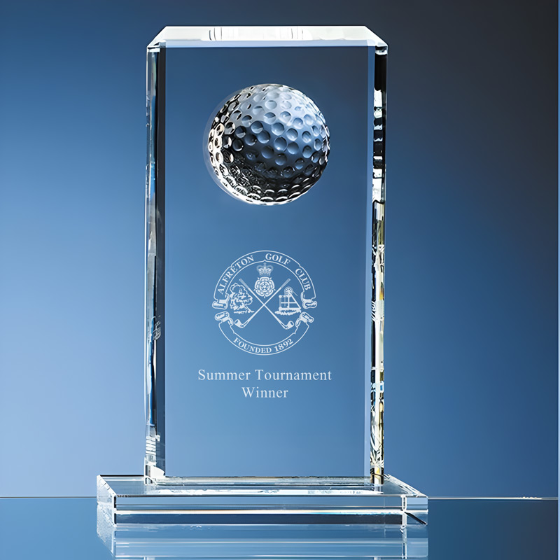 Logo Engraved Crystal Golf Ball Rectangle Award 24cm